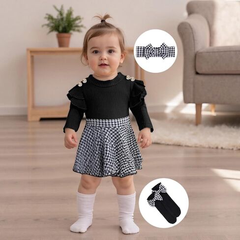 Newborn Baby Girl Fall Winter Clothes Cute Ruffle Bow Romper Dress+Socks+Headband Infant Girl Outfits in Saudi Arabia