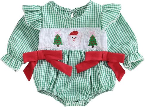 Muineobuka Baby Girl Christmas Outfit Santa and Christmas Tree Embroidery Smocked Bubble Romper Newborn Christmas Outfit Girl in Saudi Arabia