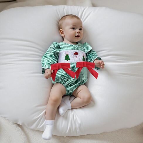 Muineobuka Baby Girl Christmas Outfit Santa and Christmas Tree Embroidery Smocked Bubble Romper Newborn Christmas Outfit Girl in Saudi Arabia