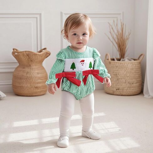 Muineobuka Baby Girl Christmas Outfit Santa and Christmas Tree Embroidery Smocked Bubble Romper Newborn Christmas Outfit Girl in Saudi Arabia