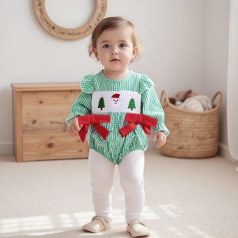 Muineobuka Baby Girl Christmas Outfit Santa and Christmas Tree Embroidery Smocked Bubble Romper Newborn Christmas Outfit Girl in Saudi Arabia