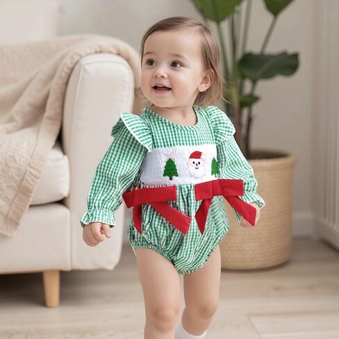 Muineobuka Baby Girl Christmas Outfit Santa and Christmas Tree Embroidery Smocked Bubble Romper Newborn Christmas Outfit Girl in Saudi Arabia