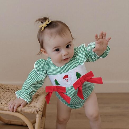 Muineobuka Baby Girl Christmas Outfit Santa and Christmas Tree Embroidery Smocked Bubble Romper Newborn Christmas Outfit Girl in Saudi Arabia