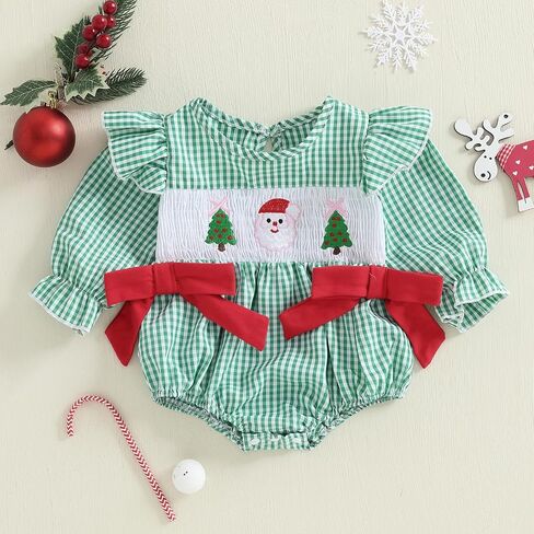 Muineobuka Baby Girl Christmas Outfit Santa and Christmas Tree Embroidery Smocked Bubble Romper Newborn Christmas Outfit Girl in Saudi Arabia
