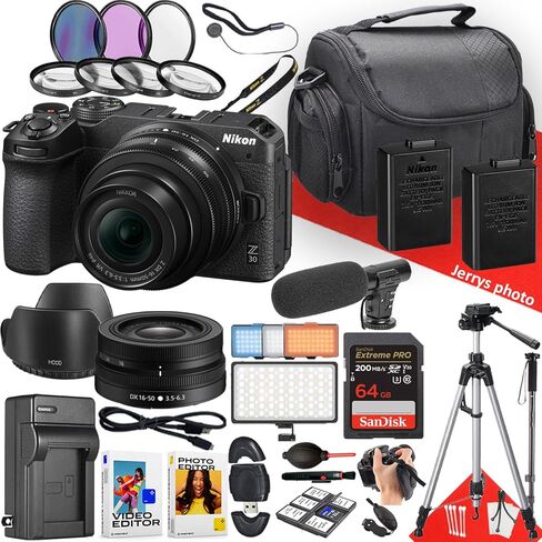 Nikon Z30 Mirrorless Camera with NIKKOR Z DX 16-50mm F/3.5-6.3 VR Lens + Microphone + LED Light + 64GB Memory + Monopod + Filters + Tripod + More (33pc Bundle) (Renewed) in Saudi Arabia