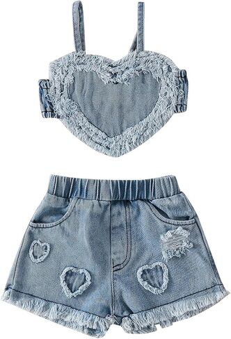 Toddler Baby Girl Denim Skirt Outfit 2-Pieces Sleeveless Heart Crop Tank Top And Elastic Ripped Elastic Shorts Sets in Saudi Arabia