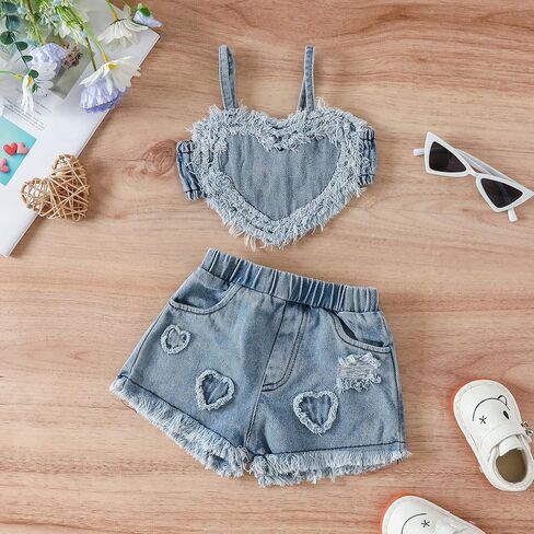 Toddler Baby Girl Denim Skirt Outfit 2-Pieces Sleeveless Heart Crop Tank Top And Elastic Ripped Elastic Shorts Sets in Saudi Arabia