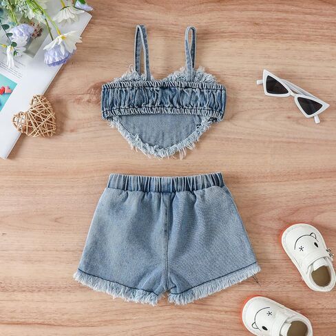 Toddler Baby Girl Denim Skirt Outfit 2-Pieces Sleeveless Heart Crop Tank Top And Elastic Ripped Elastic Shorts Sets in Saudi Arabia
