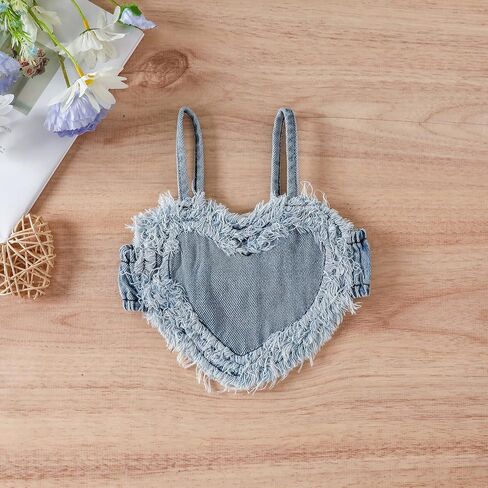 Toddler Baby Girl Denim Skirt Outfit 2-Pieces Sleeveless Heart Crop Tank Top And Elastic Ripped Elastic Shorts Sets in Saudi Arabia