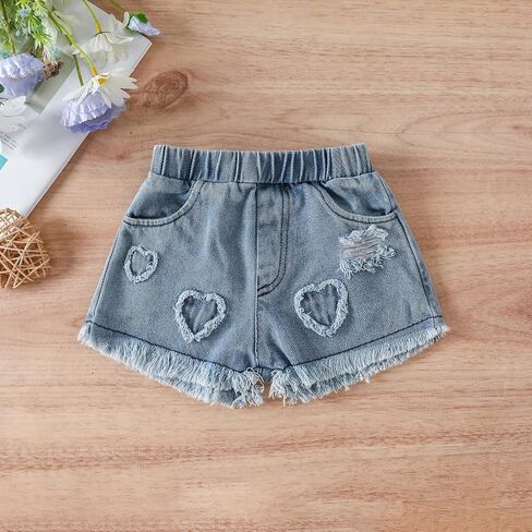 Toddler Baby Girl Denim Skirt Outfit 2-Pieces Sleeveless Heart Crop Tank Top And Elastic Ripped Elastic Shorts Sets in Saudi Arabia