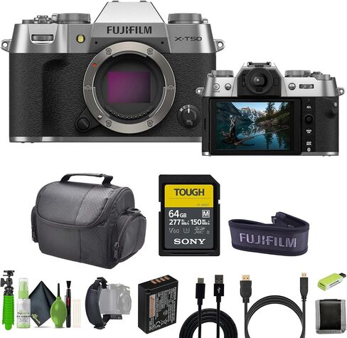 مجموعة كاميرا Fujifilm X-T50 الرقمية بدون مرآة مع بطاقة ذاكرة SF-M Tough Series UHS-II SDXC سعة 64 جيجابايت + طقم تنظيف + حقيبة كامارا + حامل ثلاثي القوائم لمدونات الفيديو + المزيد من الملحقات - فضي in Saudi Arabia