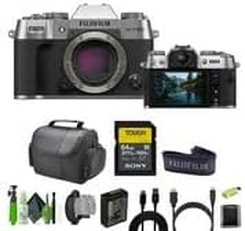 مجموعة كاميرا Fujifilm X-T50 الرقمية بدون مرآة مع بطاقة ذاكرة SF-M Tough Series UHS-II SDXC سعة 64 جيجابايت + طقم تنظيف + حقيبة كامارا + حامل ثلاثي القوائم لمدونات الفيديو + المزيد من الملحقات - فضي in Saudi Arabia