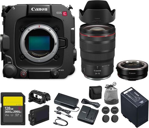 كاميرا Canon EOS C400 6K سينمائية كاملة الإطار مع حامل RF، قاعدة ثلاثية ISO، إضاءة RAW سينمائية داخلية، تصميم مضغوط (6388C002) + Canon RF 24-70 مم f/2.8L هي عدسة USM + بطاقة 128 جيجابايت + محول EF-EOS R in Saudi Arabia