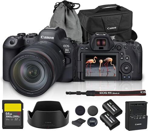 طقم كاميرا Canon EOS R6 Mark II بدون مرآة مع عدسة RF مقاس 24-105 مم f/4 | كاميرا كاملة الإطار بدقة 24.2 ميجابكسل، وتقنية Dual Pixel CMOS AF II، ومدونات الفيديو والتصوير الفوتوغرافي الاحترافي (5666C011) + بطارية LP-E6P + بطاقة سعة 64 جيجابايت + حقيبة in Saudi Arabia