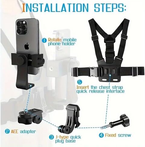 Adjustable 360° Rotating Waterproof Mount Kit with ABS Harness, 11.8" Multi-Section Strap & Secure Clip for Action Cameras, Sports and Outdoor Activities in Saudi Arabia