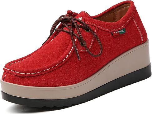 Women Suede Platform Wedge Rocker Loafers with Arch Support Comfortable Round Toe Wedge Non-Slip Casual Lace Up Dress Moccasin Shoes for Business Work Office Leisure Daily in Saudi Arabia