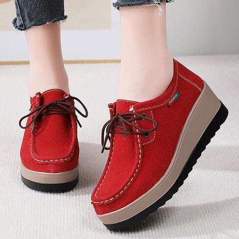 Women Suede Platform Wedge Rocker Loafers with Arch Support Comfortable Round Toe Wedge Non-Slip Casual Lace Up Dress Moccasin Shoes for Business Work Office Leisure Daily in Saudi Arabia