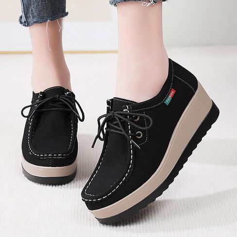 Women Suede Platform Wedge Rocker Loafers with Arch Support Comfortable Round Toe Wedge Non-Slip Casual Lace Up Dress Moccasin Shoes for Business Work Office Leisure Daily in Saudi Arabia