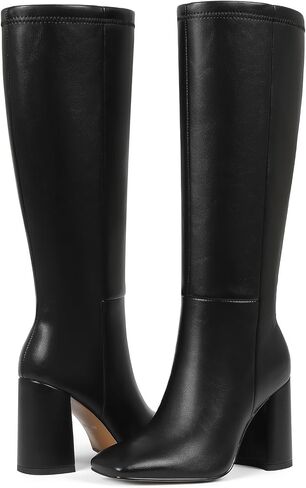 mikarka Women's Square Toe Knee High Boots: Chunky High Heel Tall Boots for Women - Half Zipper Vegan Leather Fashion Long Fall Heeled Boots in Kuwait