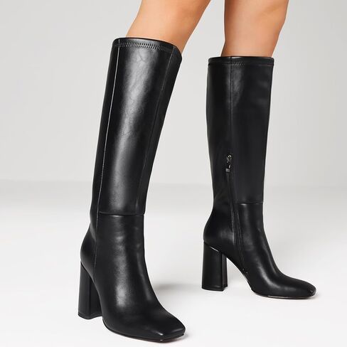 mikarka Women's Square Toe Knee High Boots: Chunky High Heel Tall Boots for Women - Half Zipper Vegan Leather Fashion Long Fall Heeled Boots in Kuwait