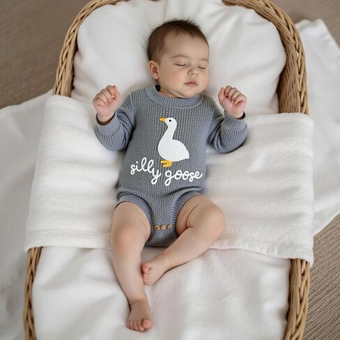 Baby Girl Boy Sweater Romper Silly Goose Embroidery Chunky Knit Sweaters Bodysuit Neutral Newborn Fall Winter Clothes in Saudi Arabia