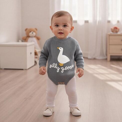Baby Girl Boy Sweater Romper Silly Goose Embroidery Chunky Knit Sweaters Bodysuit Neutral Newborn Fall Winter Clothes in Saudi Arabia