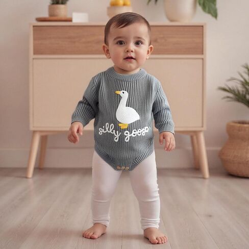 Baby Girl Boy Sweater Romper Silly Goose Embroidery Chunky Knit Sweaters Bodysuit Neutral Newborn Fall Winter Clothes in Saudi Arabia
