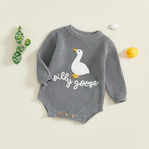 Baby Girl Boy Sweater Romper Silly Goose Embroidery Chunky Knit Sweaters Bodysuit Neutral Newborn Fall Winter Clothes in Saudi Arabia