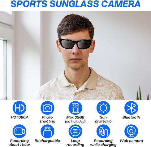 Sunglasses Action Cam HD 1080P Bluetooth Smart Glasses Video Camera Wearable Sunglasses Sport Camera Support Bluetooth Player Music for Driving, Fishing and Hiking Etc. in Saudi Arabia