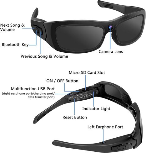 Sunglasses Action Cam HD 1080P Bluetooth Smart Glasses Video Camera Wearable Sunglasses Sport Camera Support Bluetooth Player Music for Driving, Fishing and Hiking Etc. in Saudi Arabia