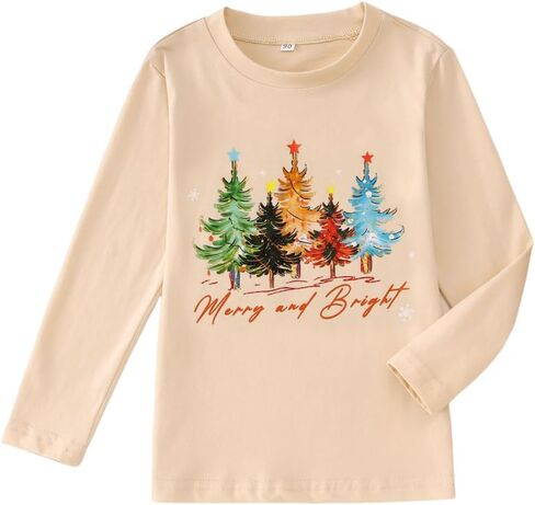 MODNTOGA Merry And Bright Shirt Toddler Girl Christmas Tree Graphic T-Shirt Long Sleeve Xmas Outfit Tops Holiday Crewneck Tee in Saudi Arabia