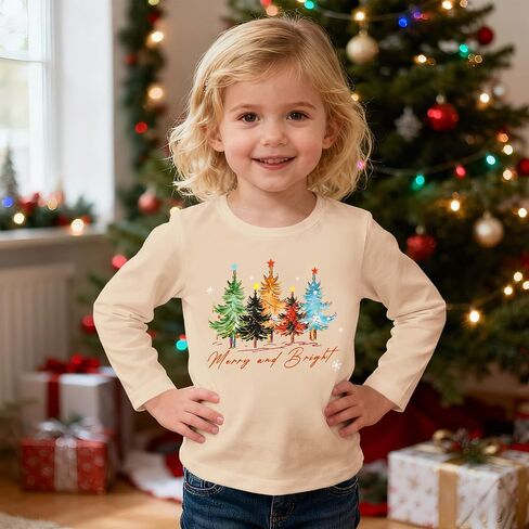 MODNTOGA Merry And Bright Shirt Toddler Girl Christmas Tree Graphic T-Shirt Long Sleeve Xmas Outfit Tops Holiday Crewneck Tee in Saudi Arabia