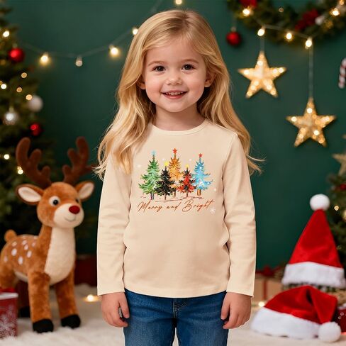MODNTOGA Merry And Bright Shirt Toddler Girl Christmas Tree Graphic T-Shirt Long Sleeve Xmas Outfit Tops Holiday Crewneck Tee in Saudi Arabia