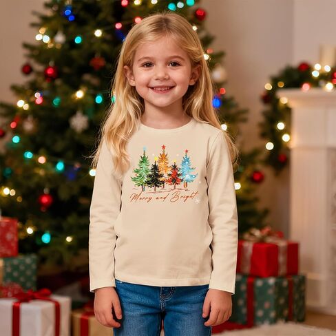 MODNTOGA Merry And Bright Shirt Toddler Girl Christmas Tree Graphic T-Shirt Long Sleeve Xmas Outfit Tops Holiday Crewneck Tee in Saudi Arabia