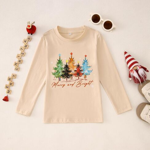 MODNTOGA Merry And Bright Shirt Toddler Girl Christmas Tree Graphic T-Shirt Long Sleeve Xmas Outfit Tops Holiday Crewneck Tee in Saudi Arabia