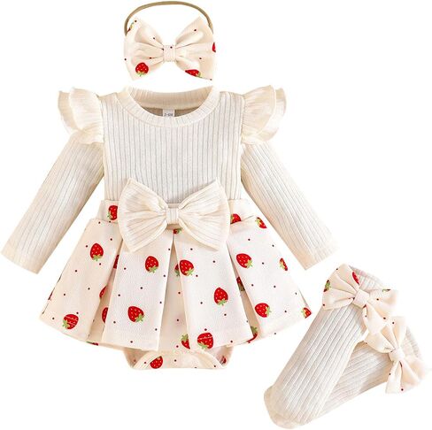 Winmany Baby Girl Strawberry Outfit Set with Bow Socks and Headband Long Sleeve Ruffle Romper Dress Spring Fall Clothes in Saudi Arabia