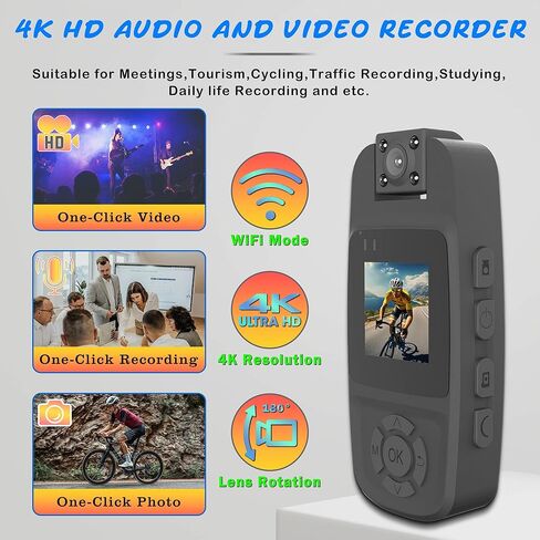 كاميرا الجسم الصغيرة بدقة 4K مع تسجيل الفيديو، وكاميرا الجسم WiFi القابلة للارتداء مع عدسة دوارة 180 درجة ورؤية ليلية للعمل والسفر والأنشطة الخارجية (تشمل بطاقة 64 جيجابايت) in Kuwait