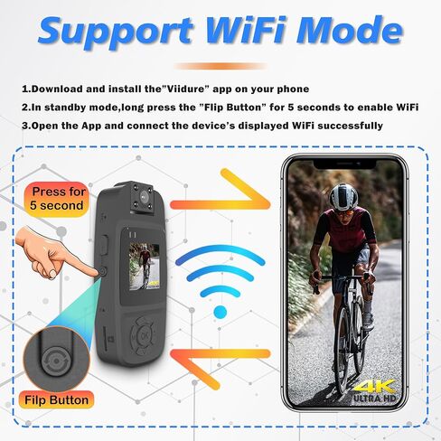كاميرا الجسم الصغيرة بدقة 4K مع تسجيل الفيديو، وكاميرا الجسم WiFi القابلة للارتداء مع عدسة دوارة 180 درجة ورؤية ليلية للعمل والسفر والأنشطة الخارجية (تشمل بطاقة 64 جيجابايت) in Kuwait
