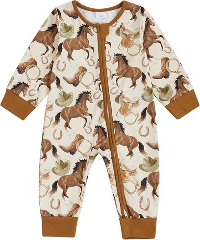 Western Baby Boy Clothes Newborn Cow/Horse Print Romper Long Sleeve Onesie Zipper Jumpsuit Overalls Cowboy Outfit in Saudi Arabia