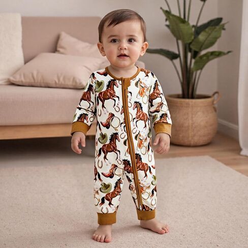 Western Baby Boy Clothes Newborn Cow/Horse Print Romper Long Sleeve Onesie Zipper Jumpsuit Overalls Cowboy Outfit in Saudi Arabia