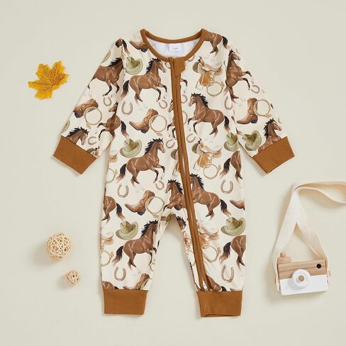 Western Baby Boy Clothes Newborn Cow/Horse Print Romper Long Sleeve Onesie Zipper Jumpsuit Overalls Cowboy Outfit in Saudi Arabia
