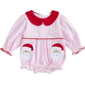 FOMOYUU Newborn Baby Girl Christmas Xmas Gingham Plaid Romper Long Sleeve Doll Collar Santa Claus Embroidery Jumpsuit Fall in Kuwait