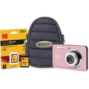 حزمة كاميرا رقمية Kodak PixPro FZ55 Friendly Zoom Pastel Pink 16MP Full HD مع بطاقة SD عالية السرعة سعة 128 جيجابايت وحقيبة صغيرة سوداء (3 عناصر) in Kuwait