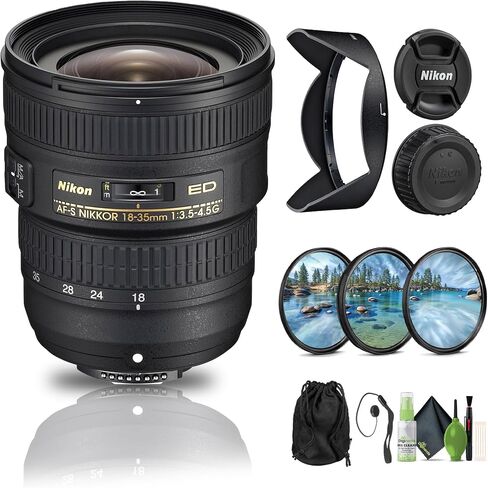 عدسة نيكون AF-S NIKKOR مقاس 18-35 مم f/3.5-4.5G ED (2207) + طقم فلتر + حافظة للغطاء + طقم تنظيف in Saudi Arabia