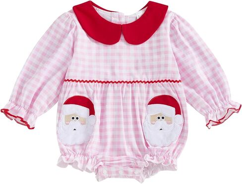 FOMOYUU Newborn Baby Girl Christmas Xmas Gingham Plaid Romper Long Sleeve Doll Collar Santa Claus Embroidery Jumpsuit Fall in Saudi Arabia