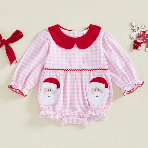 FOMOYUU Newborn Baby Girl Christmas Xmas Gingham Plaid Romper Long Sleeve Doll Collar Santa Claus Embroidery Jumpsuit Fall in Saudi Arabia