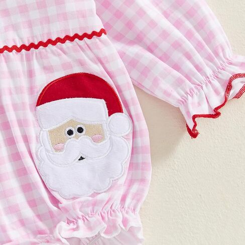 FOMOYUU Newborn Baby Girl Christmas Xmas Gingham Plaid Romper Long Sleeve Doll Collar Santa Claus Embroidery Jumpsuit Fall in Saudi Arabia