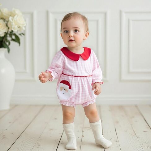 FOMOYUU Newborn Baby Girl Christmas Xmas Gingham Plaid Romper Long Sleeve Doll Collar Santa Claus Embroidery Jumpsuit Fall in Saudi Arabia