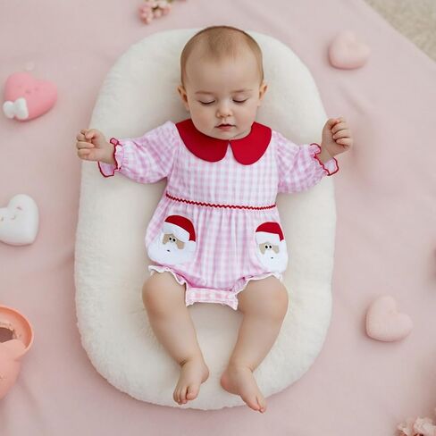 FOMOYUU Newborn Baby Girl Christmas Xmas Gingham Plaid Romper Long Sleeve Doll Collar Santa Claus Embroidery Jumpsuit Fall in Saudi Arabia