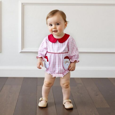 FOMOYUU Newborn Baby Girl Christmas Xmas Gingham Plaid Romper Long Sleeve Doll Collar Santa Claus Embroidery Jumpsuit Fall in Saudi Arabia